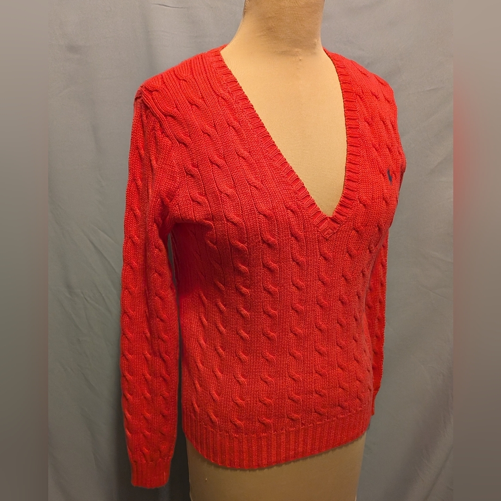 RALPH LAUREN SPORT Coral Pink Cable Knit V- Neck Sweater XL - Picture 3 of 8